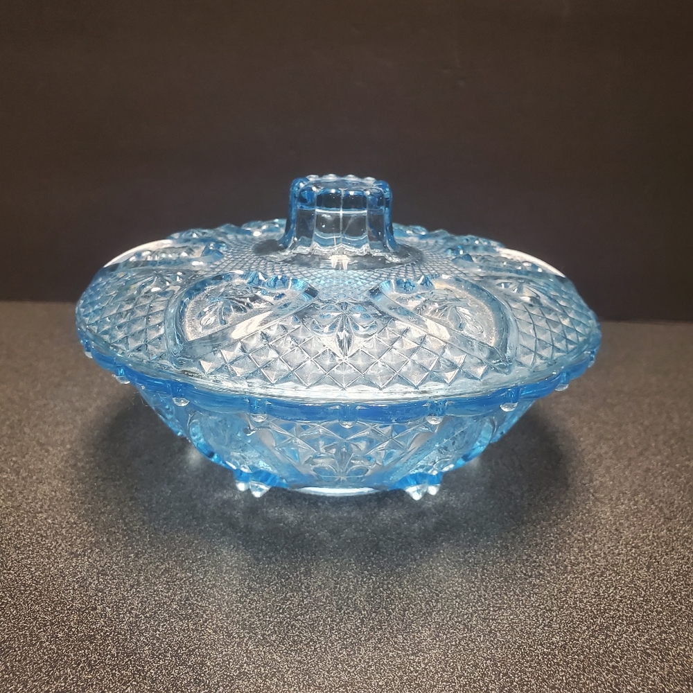 Blue Indiana Glass Candy Bowl With Lid Roses And Heart Design